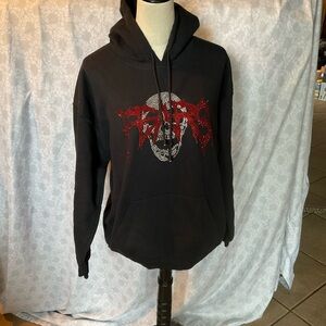 Red and Black Graphic Hoodie with Zip-Up Design